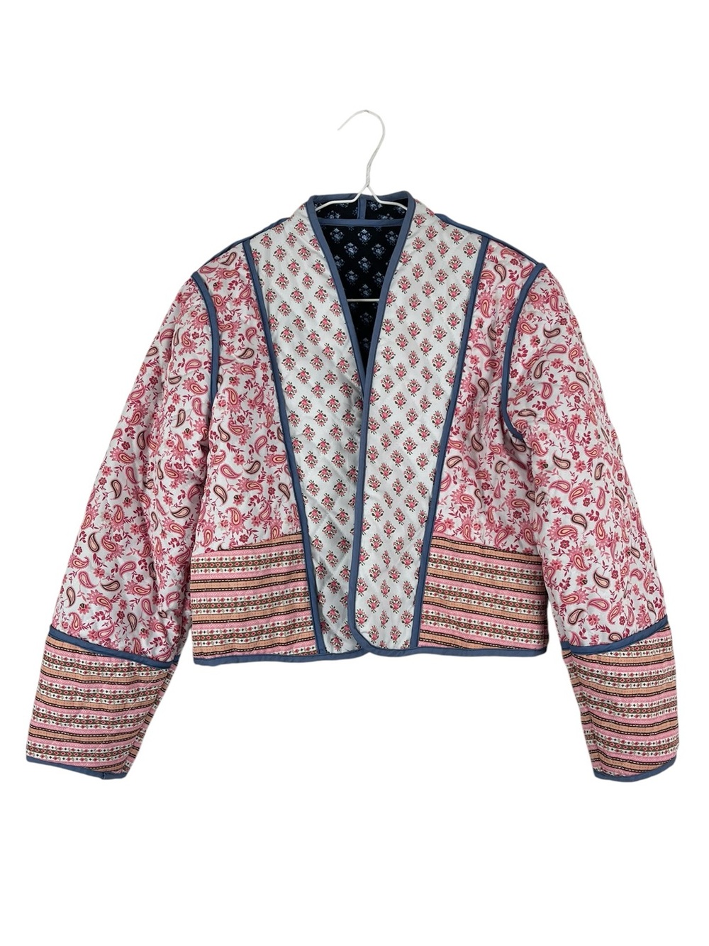 Reversible Boho Paisley Floral Pink Blue Print Quilted Cropped Jacket SZ Small
